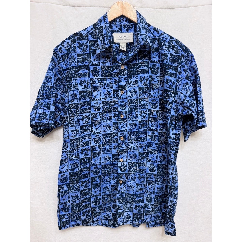 R-Options Men's Blue Batik Graphic Print Short Sleeve Button Down Shirt Large